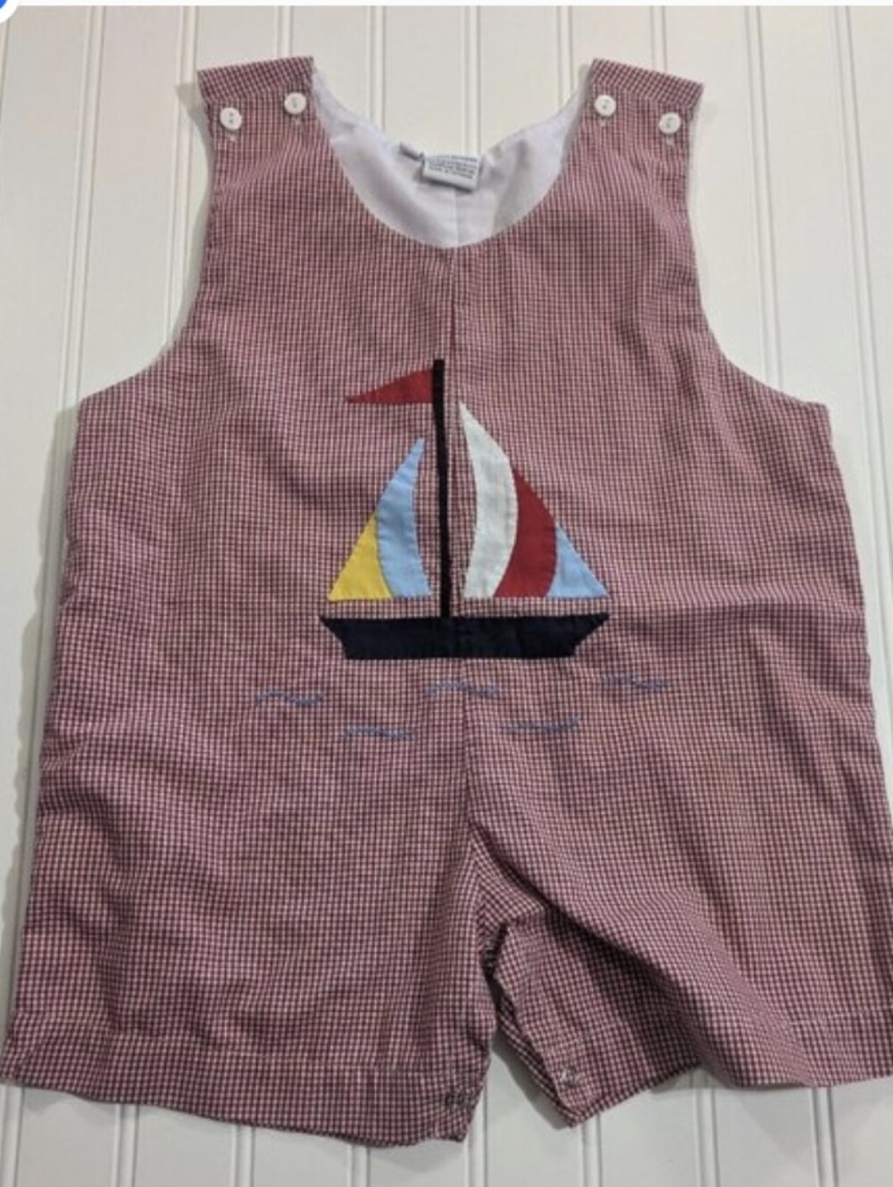 Sweet Dreams Red Gingham 3y 3t Sailboat One Piece Smock Shortall E